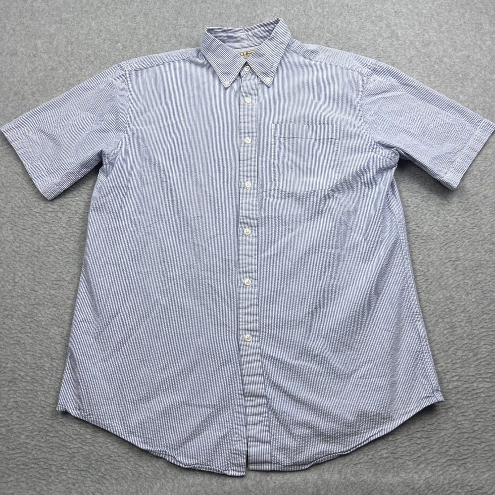 LL Bean Seersucker Shirt Mens Medium Blue Striped Short Sleeve Button Down